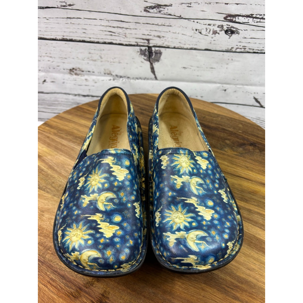 Women's Alegria Blue Yellow Sun Moon Clogs Size 6.5